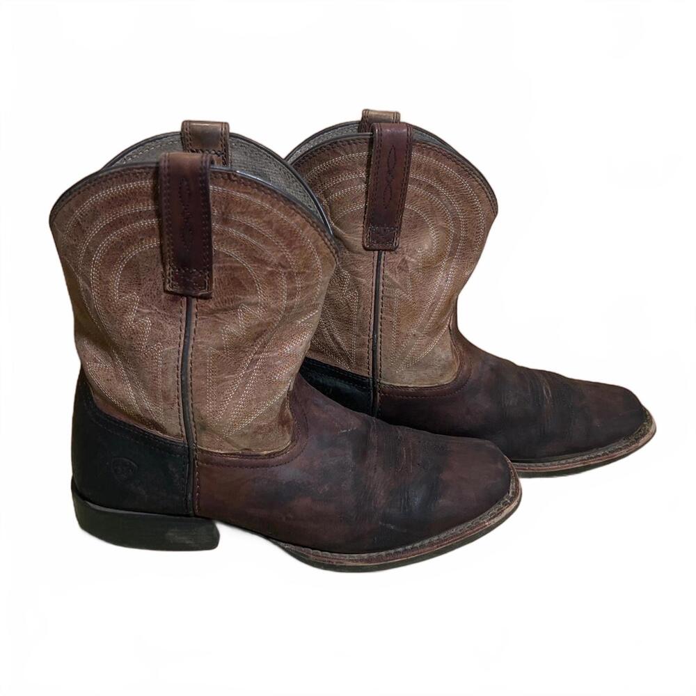 Ariat Boys Distressed Western Cowboy Boots Brown Orange Accents Size 4 EU 35.5